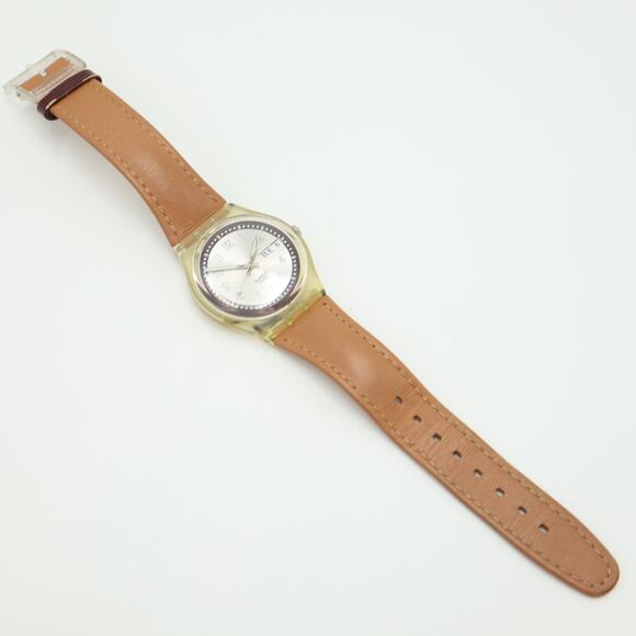 Vintage Swatch Croissant Chaud 2002 Swiss Watch 34mm Day Date Brown Leather main image 5